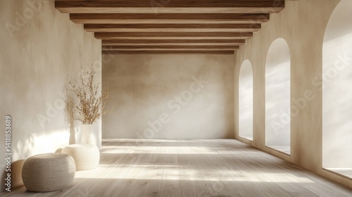 Serene interior showcases rustic elements with arched windows and soft light