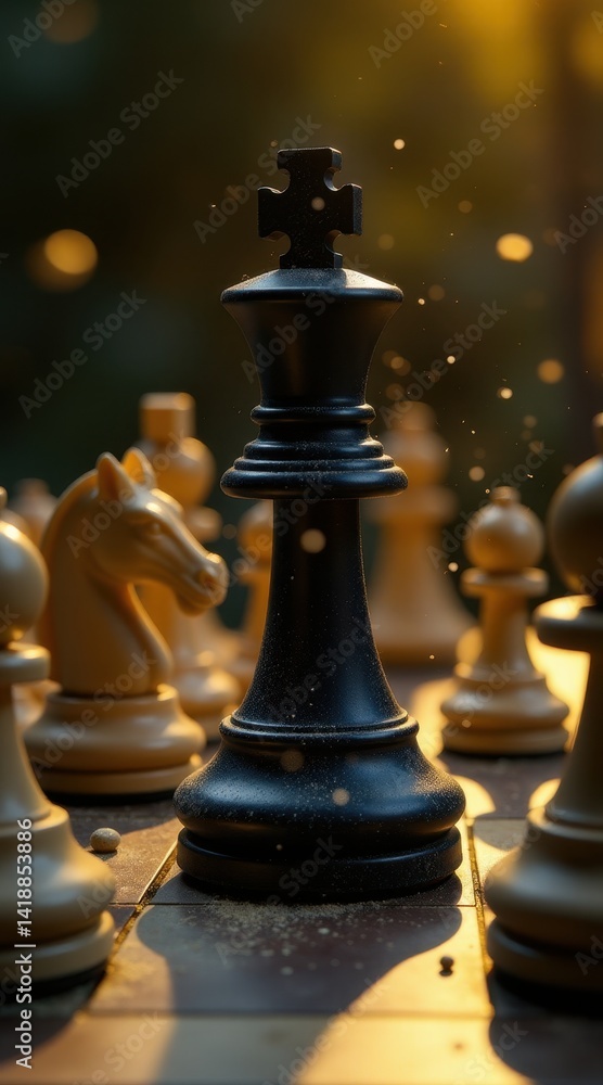 A dramatic close-up of a black chess king on a checkered board, surrounded by blurred pieces and illuminated by warm, golden light A dramatic close-up of a black chess king on a checkered board, surrounded by blurred pieces and illuminated by warm, golden light