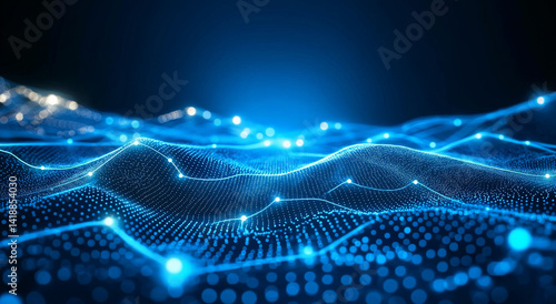 Dark blue background with glowing network connections and dots