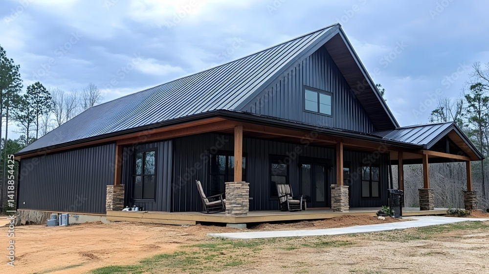 A barn-style modern home with black metal roof and wide porch A barn-style modern home with black metal roof and wide porch