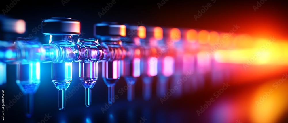 Colorful vials illuminated in a dark setting. Colorful vials illuminated in a dark setting.