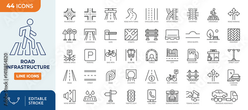 Road infrastructure line editable icon set. Editable stroke. Vector illustration