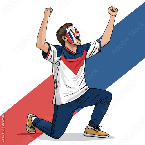 A passionate sports fan, face painted in team colors, with a ripped jersey, wildly cheering at a sporting event.  Focus on intense emotion and facial expression.