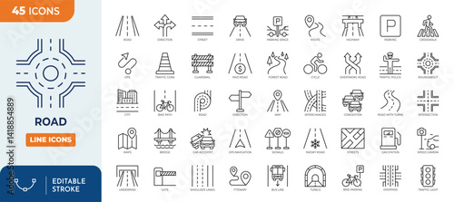 Road Line Editable Icons set. Containing street, highway, traffic light, signpost, directions, parking, route, GPS, drive, crosswalk, intersection, roundabout, and more. vector illustration