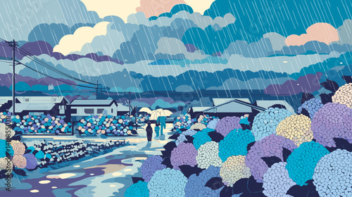 雨の日とカラフルな紫陽花の風景