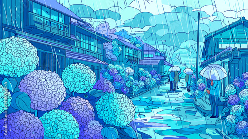 雨の日とカラフルな紫陽花の風景