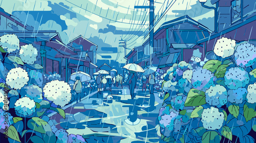 雨の日とカラフルな紫陽花の風景