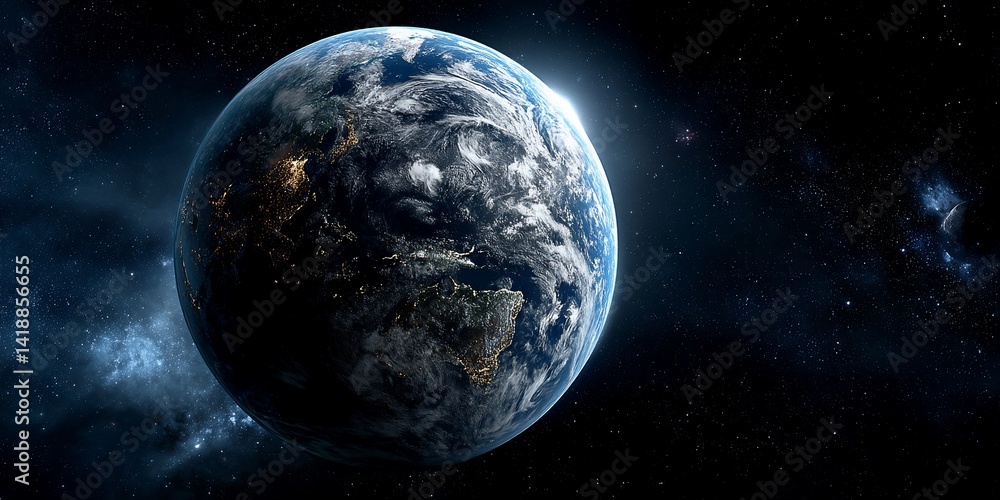 Obraz premium Earth from space, detailed view of continents and atmosphere, illuminated by sunlight