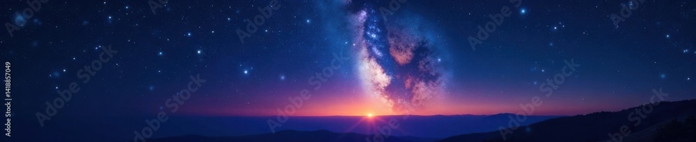Fototapeta premium Sparkling stars on inky blackness, starry expanse above horizon, infinite, celestial, stars