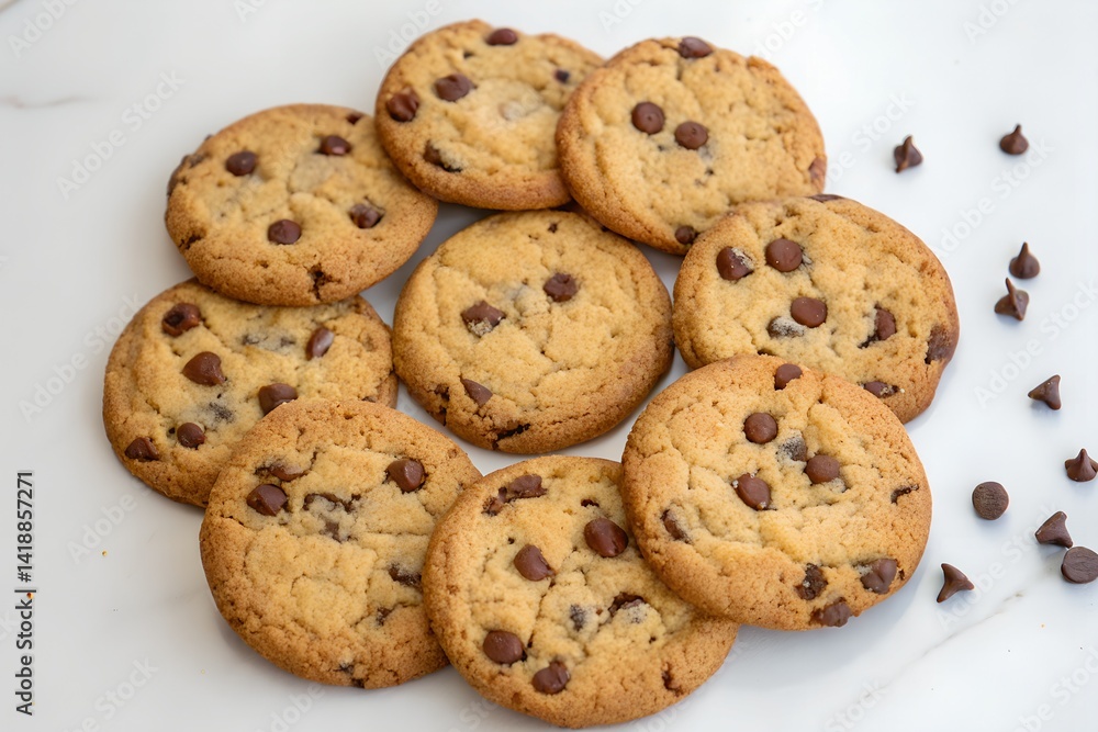 American chocolate chip cookies placed in a fan shape on white surface American chocolate chip cookies placed in a fan shape on white surface