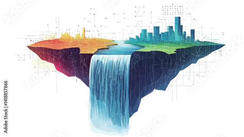 This image features a surreal digital illustration of a floating island split in two by a waterfall. One half of the island features a vibrant, warm-toned, desert-like landscape.