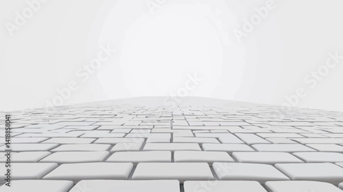 A high-angle panoramic photograph depicts a monochrome cobblestone path disappearing into a bright white background. The perspective effect is strongly emphasized, forming a clear vanishing point.