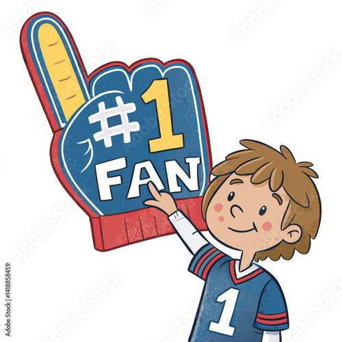 A jubilant child, wearing team colors, enthusiastically holds a large foam finger, displaying team spirit at a football game.
