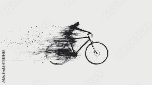 This image features a stylized monochrome illustration of a cyclist in motion. The figure and bicycle are rendered in solid black, sharply outlined against a light grey background.