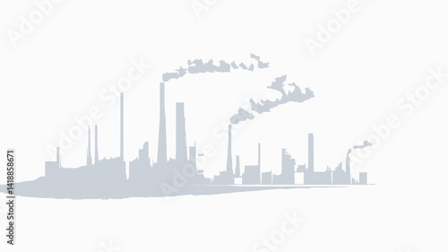 A minimalist greyscale image of a stylized industrial landscape. The focal point is the rows of chimneys emitting hazy smoke against a pure white background. Factory.