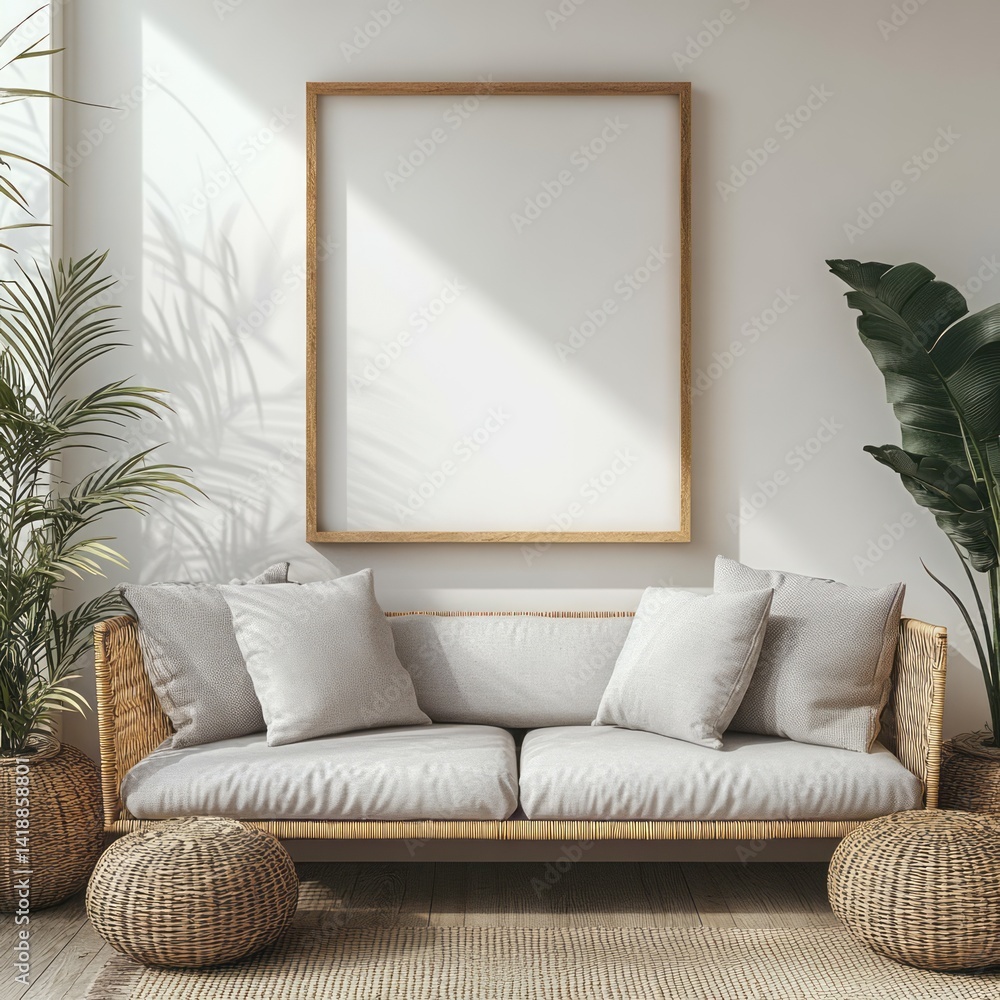 Stylish interior featuring a rattan sofa frame and blank artwork Stylish interior featuring a rattan sofa frame and blank artwork