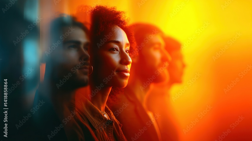 A diverse group of people in warm light, faces in profile creating an atmosphere of togetherness.