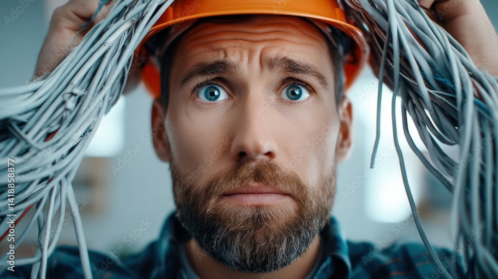 A bewildered electrician with wires held aloft, looking concerned about his project's challenges.