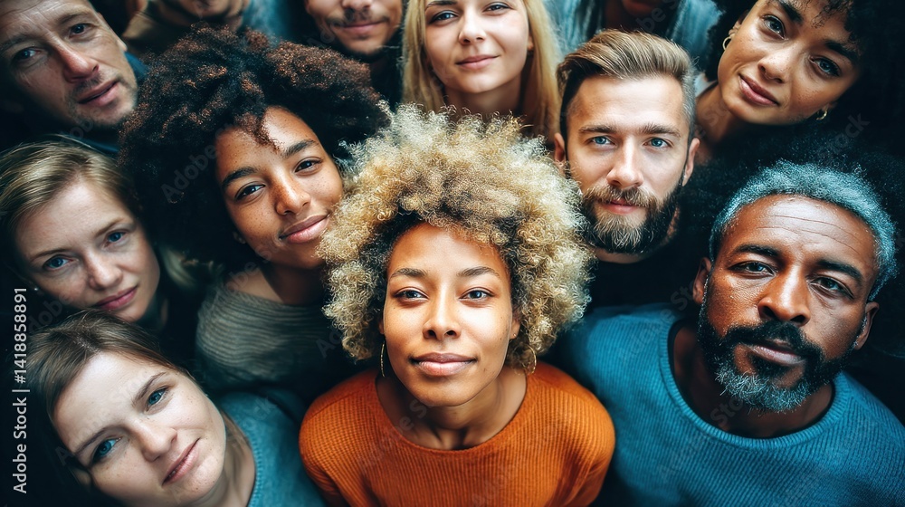 A close-up shot of a diverse group of people looking up towards the viewer with a smile.