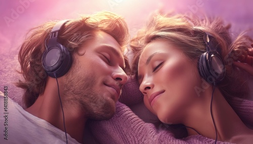 A close-up of a couple listening to music together with headphones, feeling relaxed and at peace.