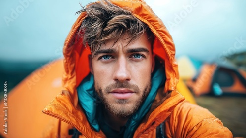 A young man, with striking blue eyes, in an orange jacket, smiles at the camera on a cloudy day.