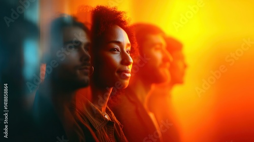 A diverse group of people in warm light, faces in profile creating an atmosphere of togetherness.