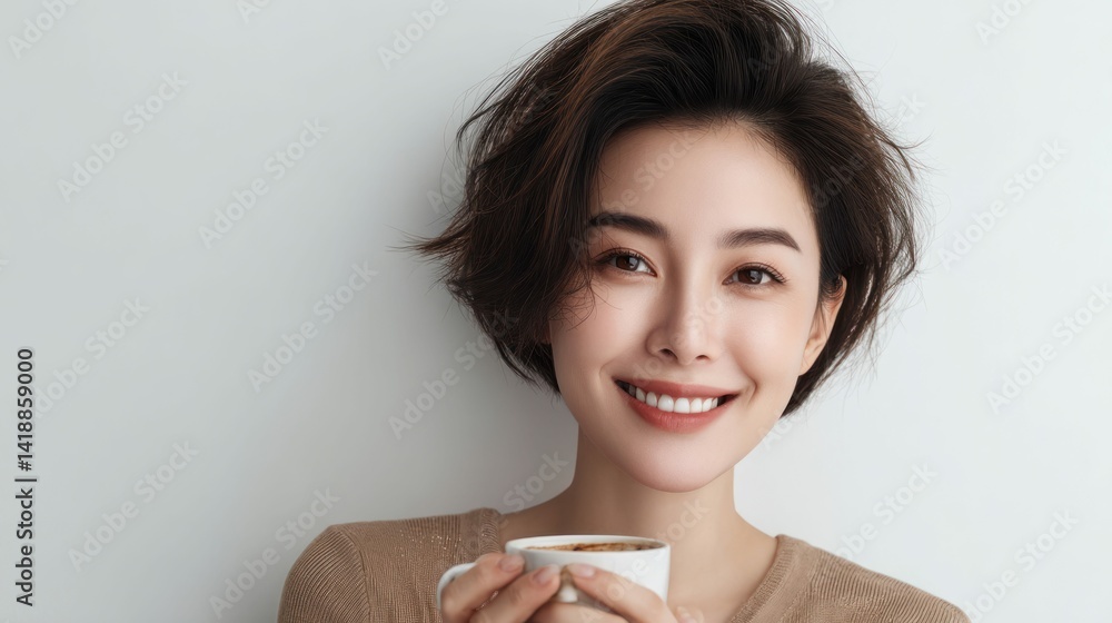 A stunning woman with a bright smile, holding a warm cup of coffee, radiates joy.