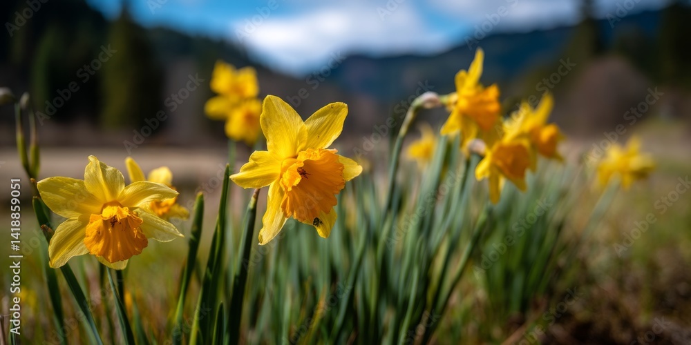 Obraz premium Vibrant Yellow Daffodils Bloom Brightly in Sunny Mountain Meadow, Nature's Springtime Beauty, a Breathtaking Landscape