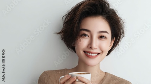 Obraz na płótnie A stunning woman with a bright smile, holding a warm cup of coffee, radiates joy. w salonie
