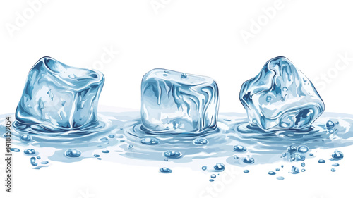 A digitally rendered illustration shows three ice cubes arranged horizontally against a pure white background. Each block has a translucent texture, revealing the subtle details inside.