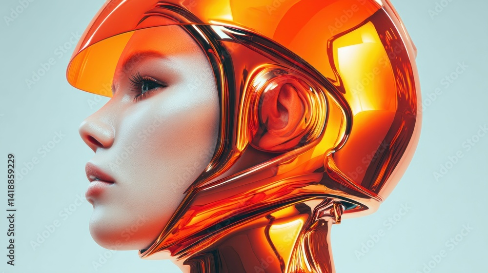 A woman's profile showcases a futuristic, metallic helmet with a transparent orange visor on a soft background.