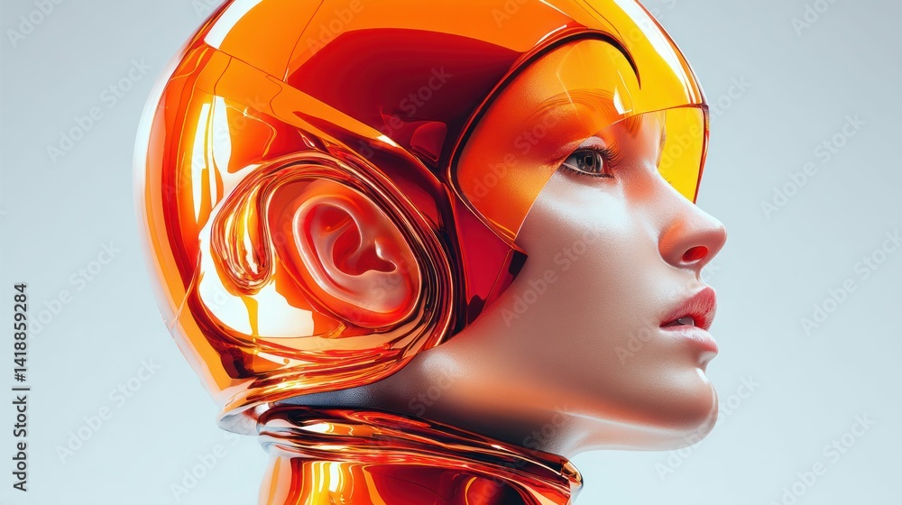 A futuristic woman gazes upwards, her face framed by a sleek, orange reflective helmet design.