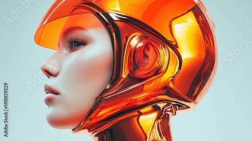 Obraz na płótnie A woman's profile showcases a futuristic, metallic helmet with a transparent orange visor on a soft background. w salonie
