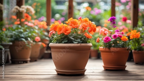 Wallpaper Mural A serene greenhouse interior featuring rows of vibrant flowering plants in terracotta pots Torontodigital.ca
