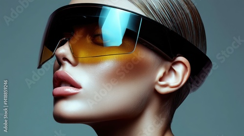A striking portrait of a woman in futuristic eyewear, showcasing a beauty-forward look.