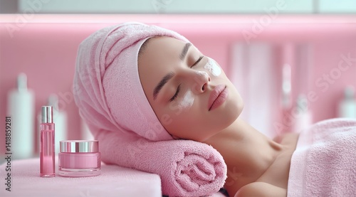Serene woman enjoying a spa facial treatment with skincare products in a soothing pink environment.