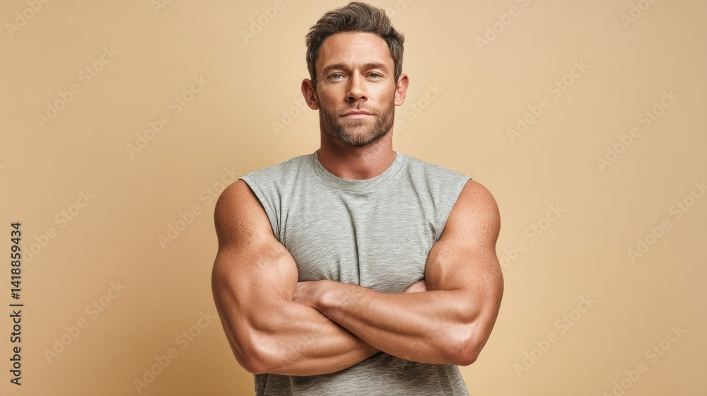 A strong and confident man with crossed arms, showing off his impressive physique in a studio shot.