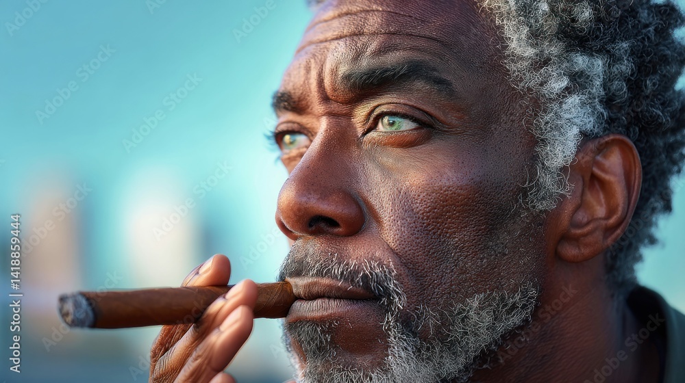 A distinguished gentleman with striking green eyes smoking a cigar outdoors, deep in thought.
