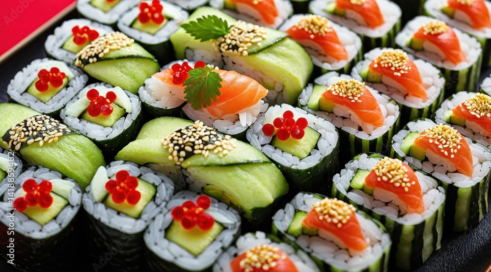 A close-up of assorted sushi rolls featuring salmon, cucumber, roe, and sesame seeds, arranged vibrantly on a white plate A close-up of assorted sushi rolls featuring salmon, cucumber, roe, and sesame seeds, arranged vibrantly on a white plate