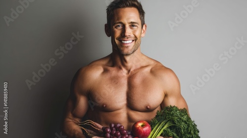 Obraz na płótnie A fit man smiles while holding fresh produce, promoting health and nutrition in a portrait. w salonie