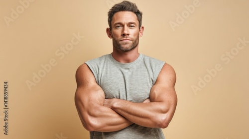 Obraz na płótnie A strong and confident man with crossed arms, showing off his impressive physique in a studio shot. w salonie
