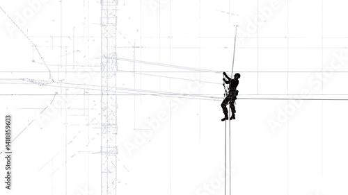 This image presents a stark, high-contrast composition. A large, small black human silhouette is centered against a vast white background. The background is covered with.