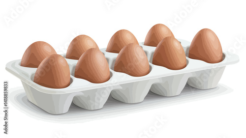 This high-angle close-up shot shows eight light brown eggs in a white cardboard egg carton against a pure white background. The eggs show subtle variations in tone and shade.