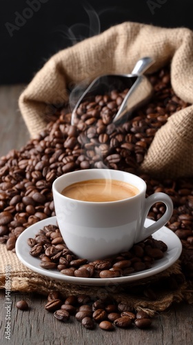 Espresso coffee in a white cup, surrounded by coffee beans spilling from a burlap sack