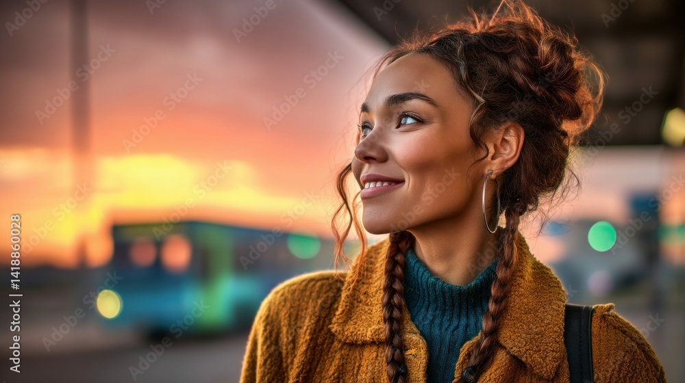 A smiling young woman with braids looks towards the sunset in a peaceful moment.