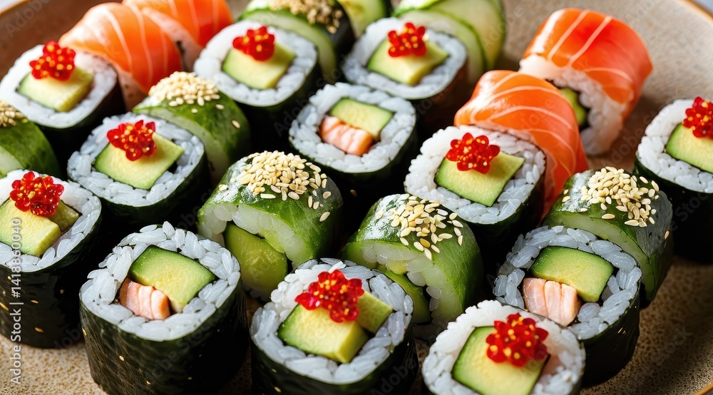 A close-up of assorted sushi rolls featuring salmon, cucumber, roe, and sesame seeds, arranged vibrantly on a white plate A close-up of assorted sushi rolls featuring salmon, cucumber, roe, and sesame seeds, arranged vibrantly on a white plate