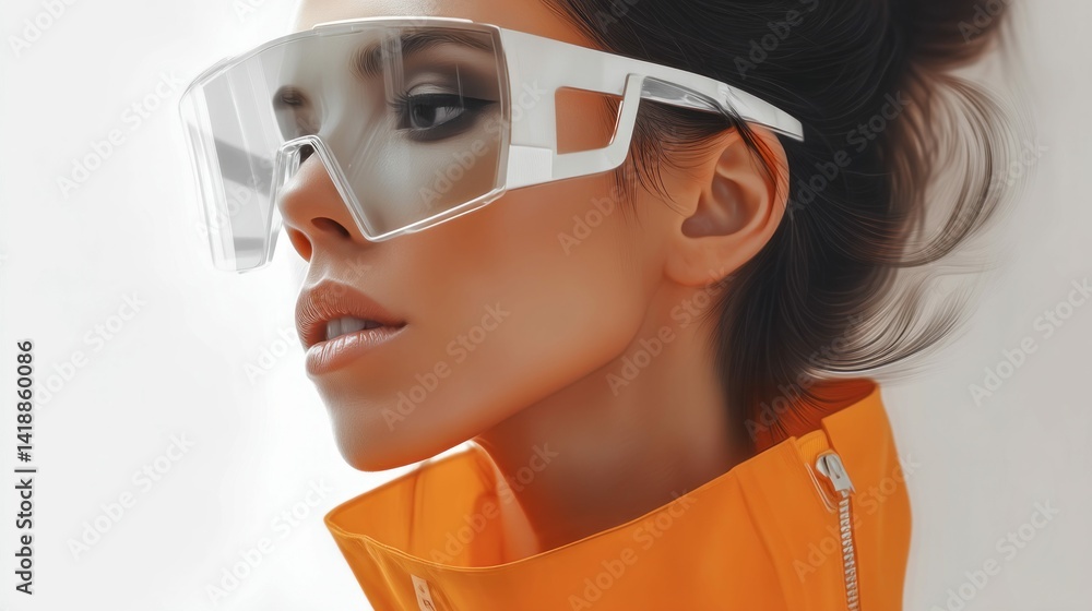 A woman with futuristic glasses and an orange jacket showcases a stylish, modern look.