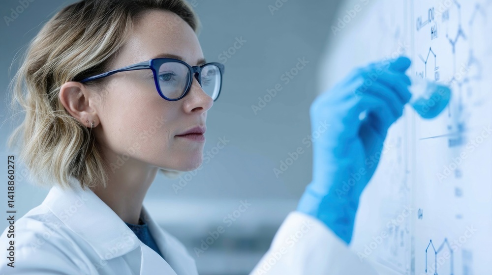 A female scientist wearing glasses meticulously examines a chemical structure in a laboratory.