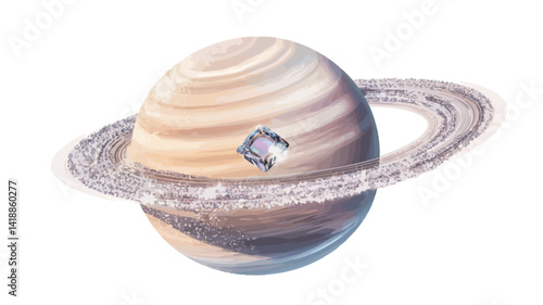 The image presents a digital rendering of a Saturn-like planet featuring prominent rings composed of multiple concentric bands of varying thickness and opacity.