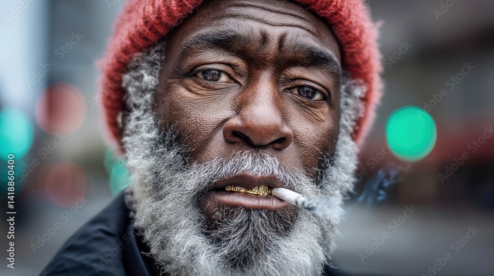 A pensive elderly man with a grey beard and red beanie smokes a cigarette in an urban setting.